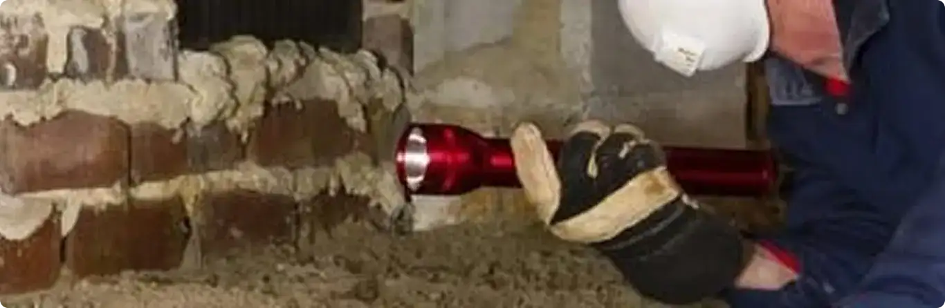 Pest control technician inspecting a crawl space for ant activity in Independence, OH