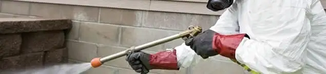 Pest control technician applying exterior insect treatment along a home foundation in Cleveland, OH