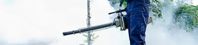Pest control technician fogging an outdoor area for insect control in Cleveland, OH